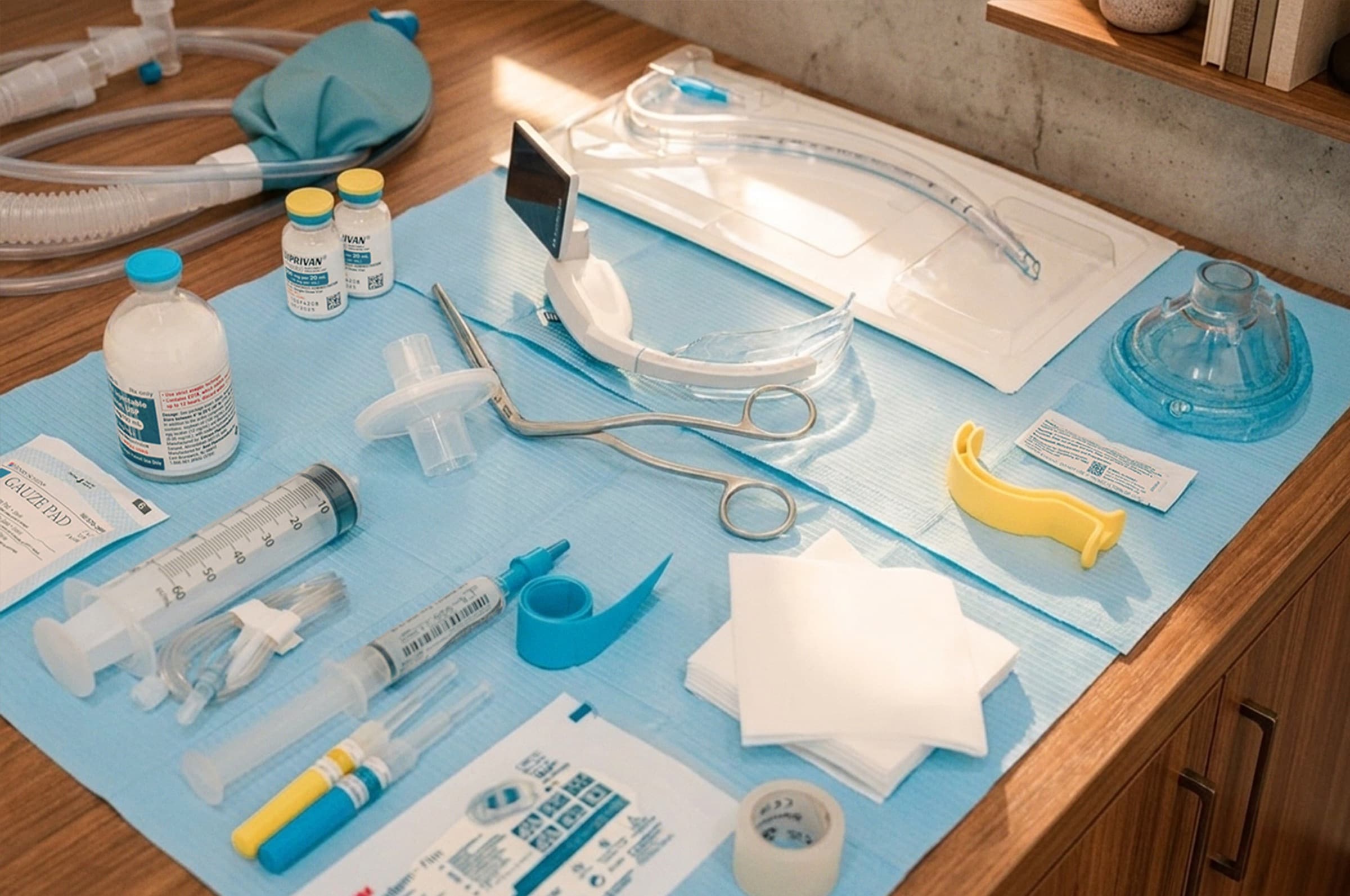 Anesthesia supplies prepared and laid out before a case